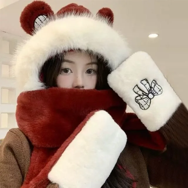 Bear Ear Faux Fur Hooded Scarf with Mittens by Home Simply