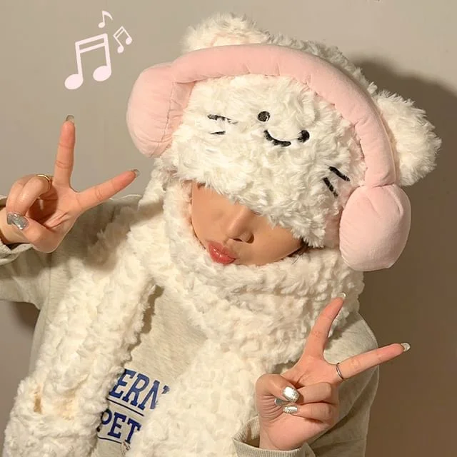 Cat Chenille Hooded Scarf with Mittens by Momoi