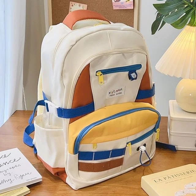 Color Block Nylon Backpack / Dog Chenille Bag Charm / Shoulder Bag / Set by Momoi