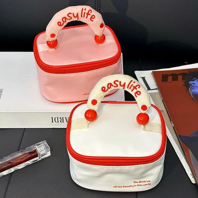 Lettering Embroidered Faux Leather Makeup Bag by Lazy Corner