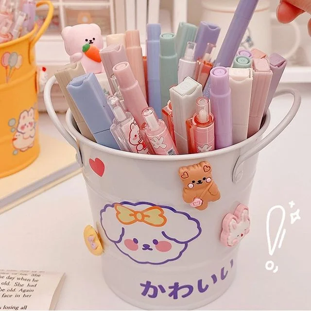 Metal Bucket Pen Holder with Sticker by Fun House