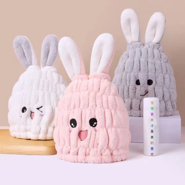 Rabbit Embroidered Coral Fleece Quick Dry Hair Towel by Home Simply