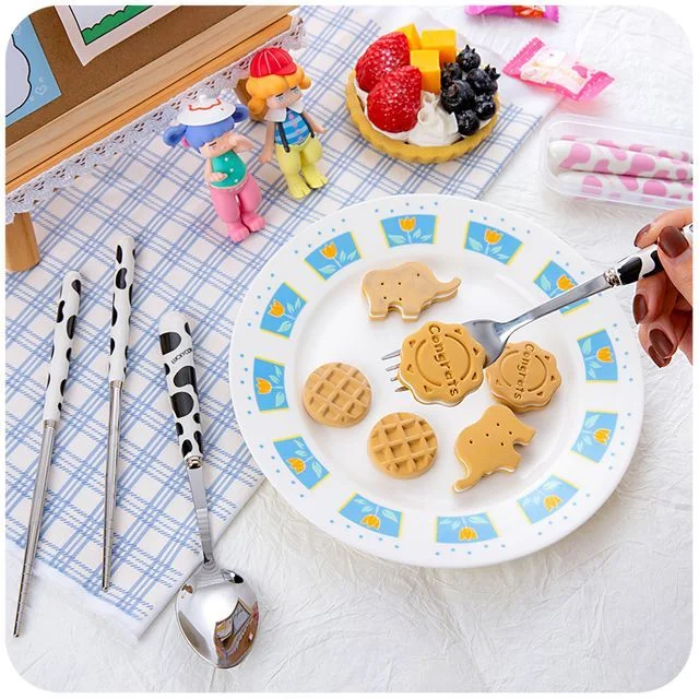 Set: Milk Cow Print Stainless Steel Chopsticks + Spoon + Fork by Momoi