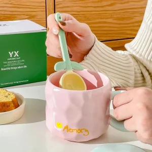 Set:  Textured Ceramic Drinking Cup + Lid + Tulip Spoon by Fun House