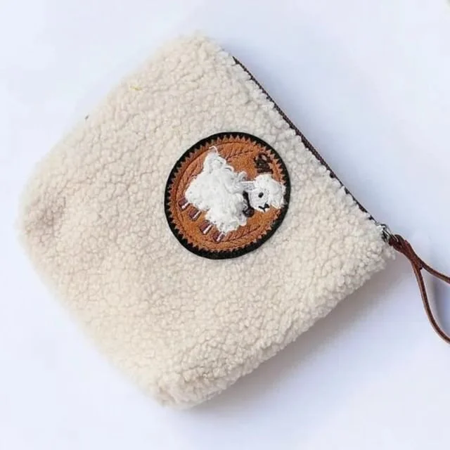 Sheep Embroidered Faux Shearling Make Up Pouch by Home Simply