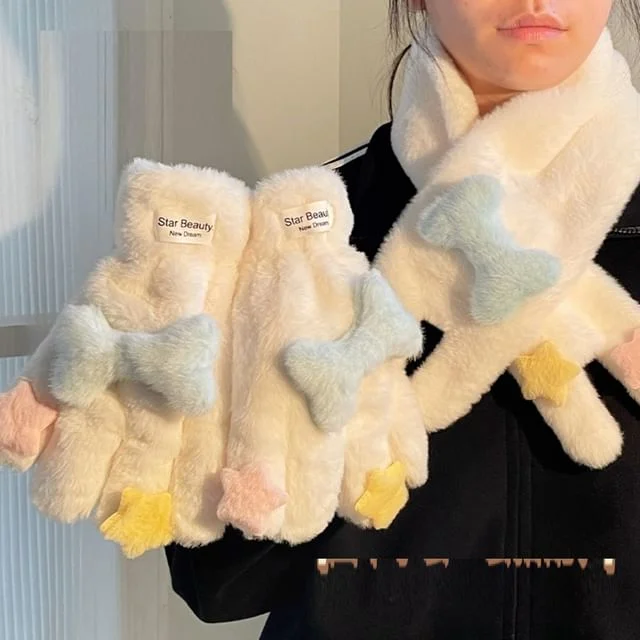 Star Bow Chenille Gloves / Scarf / Set by Momoi